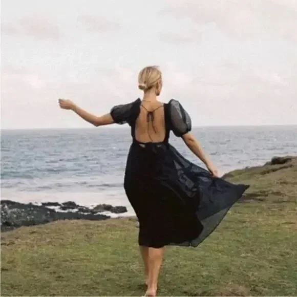 NWT Free People Hailey Puff Sleeve Sheer Midi Dress Black Size 12 $168 Romantic - Picture 3 of 11